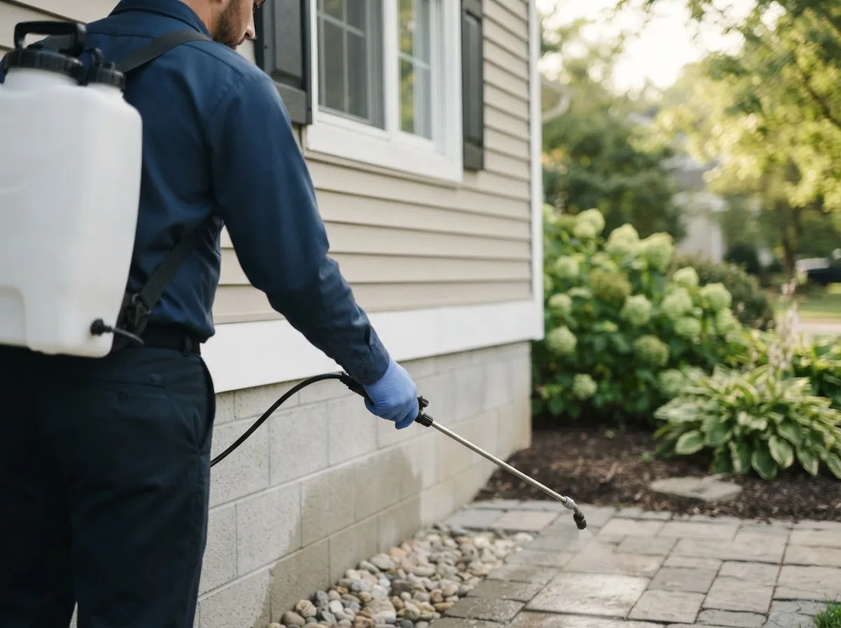 Pest control technician inspecting a home in Dundas, IL